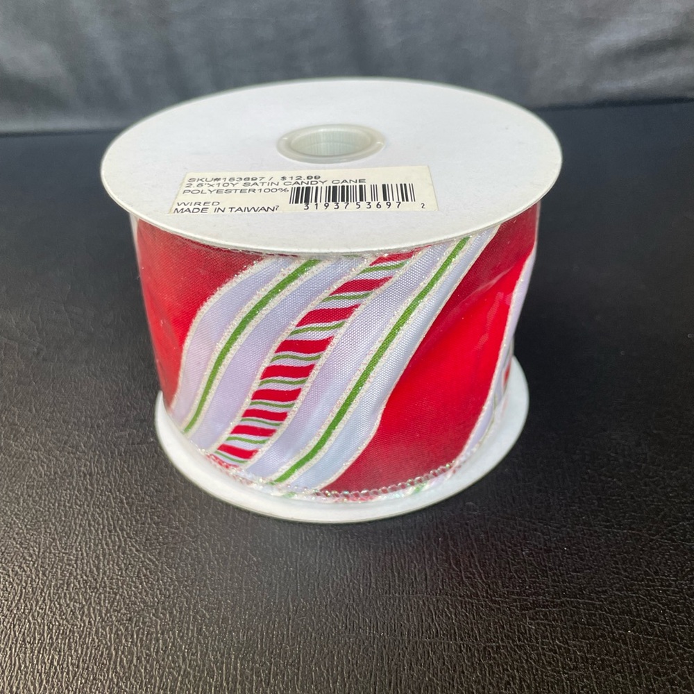 Festive Red, White and Green Candy Cane Striped Wired Ribbon